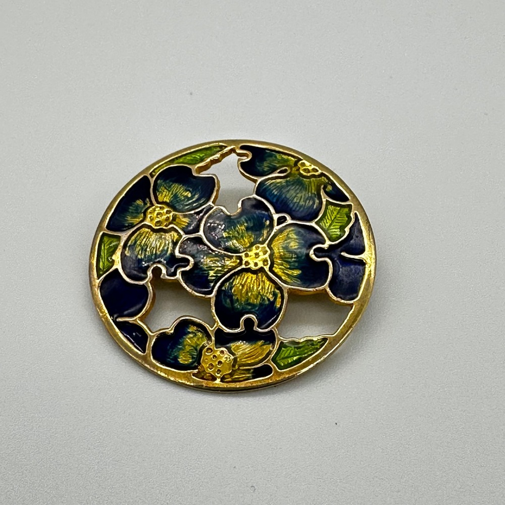 Vintage Cloisonne Enamel Floral Brooch Blue Gold Tone Round Openwork Pin OS